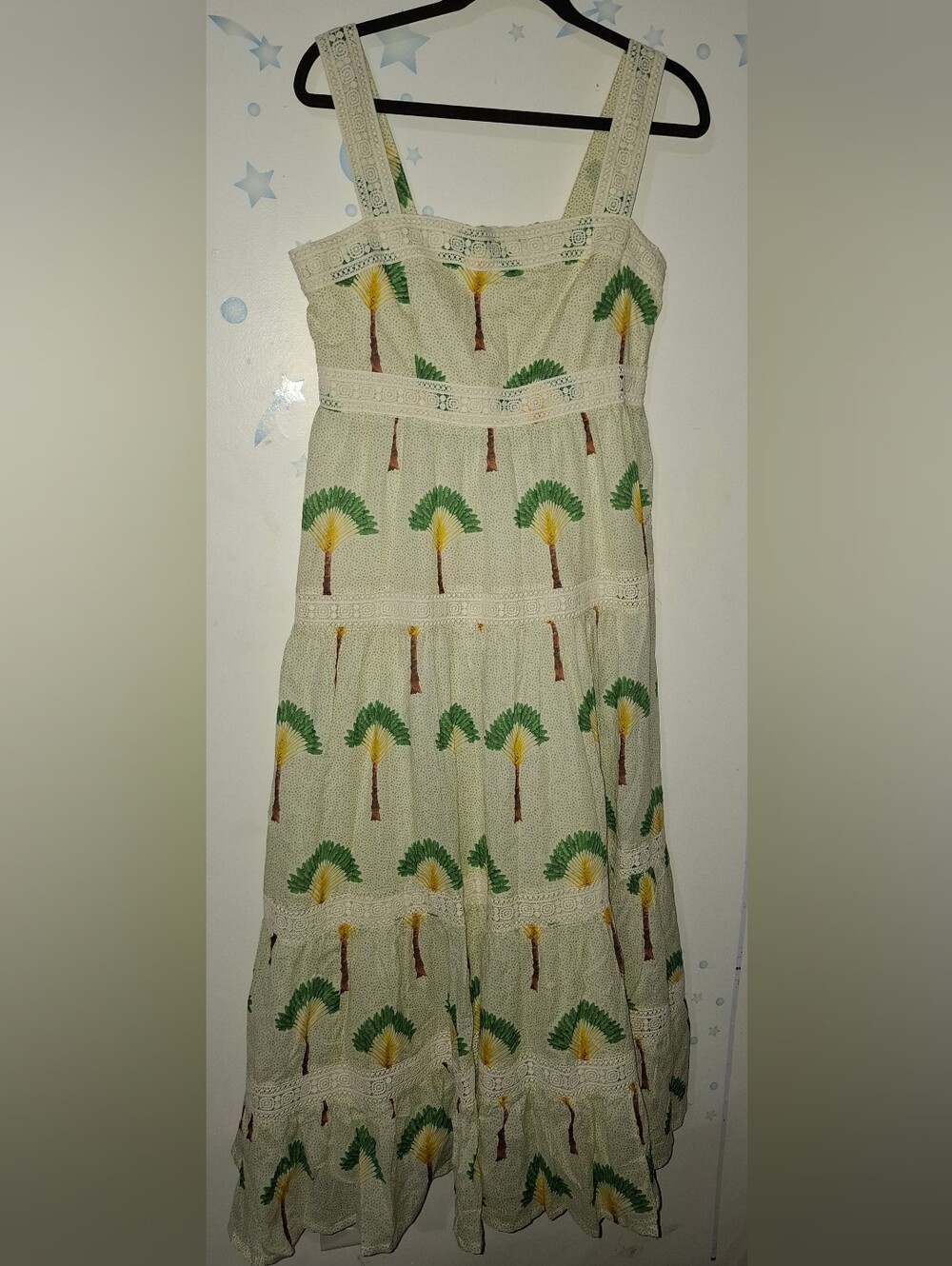 Calypso St Barth Cream CottonTiered Maxi Dress with Green Palm Print Large